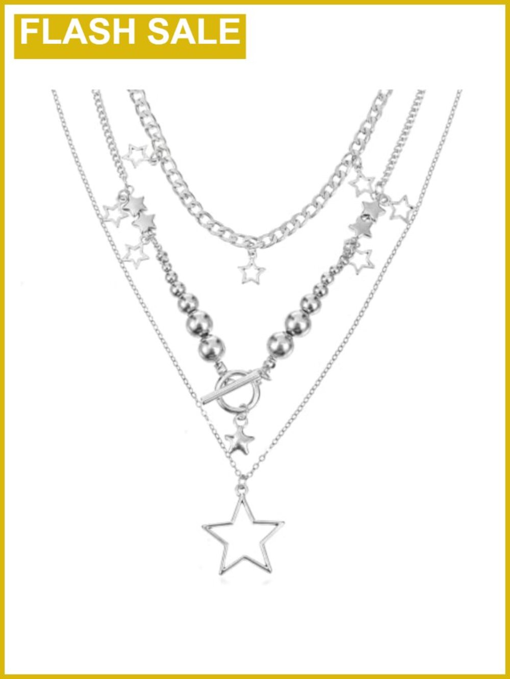 Silver Layered Star Necklace Y2K Grunge Punk Alloy 3-Strand Chain